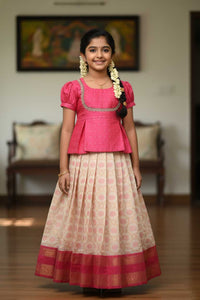 Pink With Half White Girls Branded Readymade Pattu Pavadai