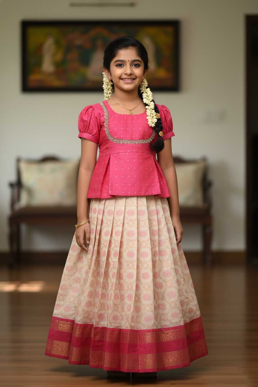 Pink With Half White Girls Branded Readymade Pattu Pavadai