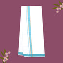 White with Sky Blue- The very thin stripes running alongside it appear to be gold Fancy Border Single Layer Cotton Men’s Dhoti