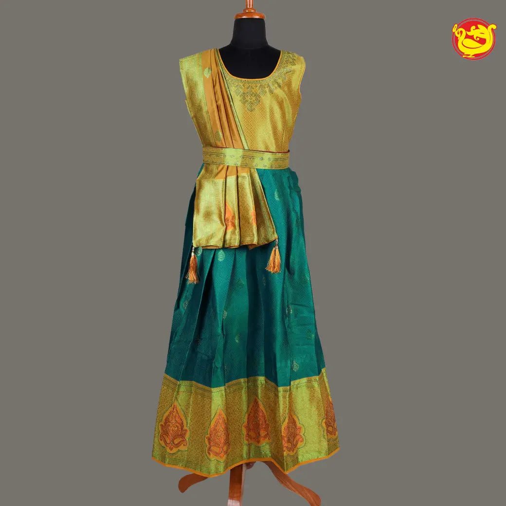 Yellow  with  Green Girls & Women Branded Readymade Pattu Gown