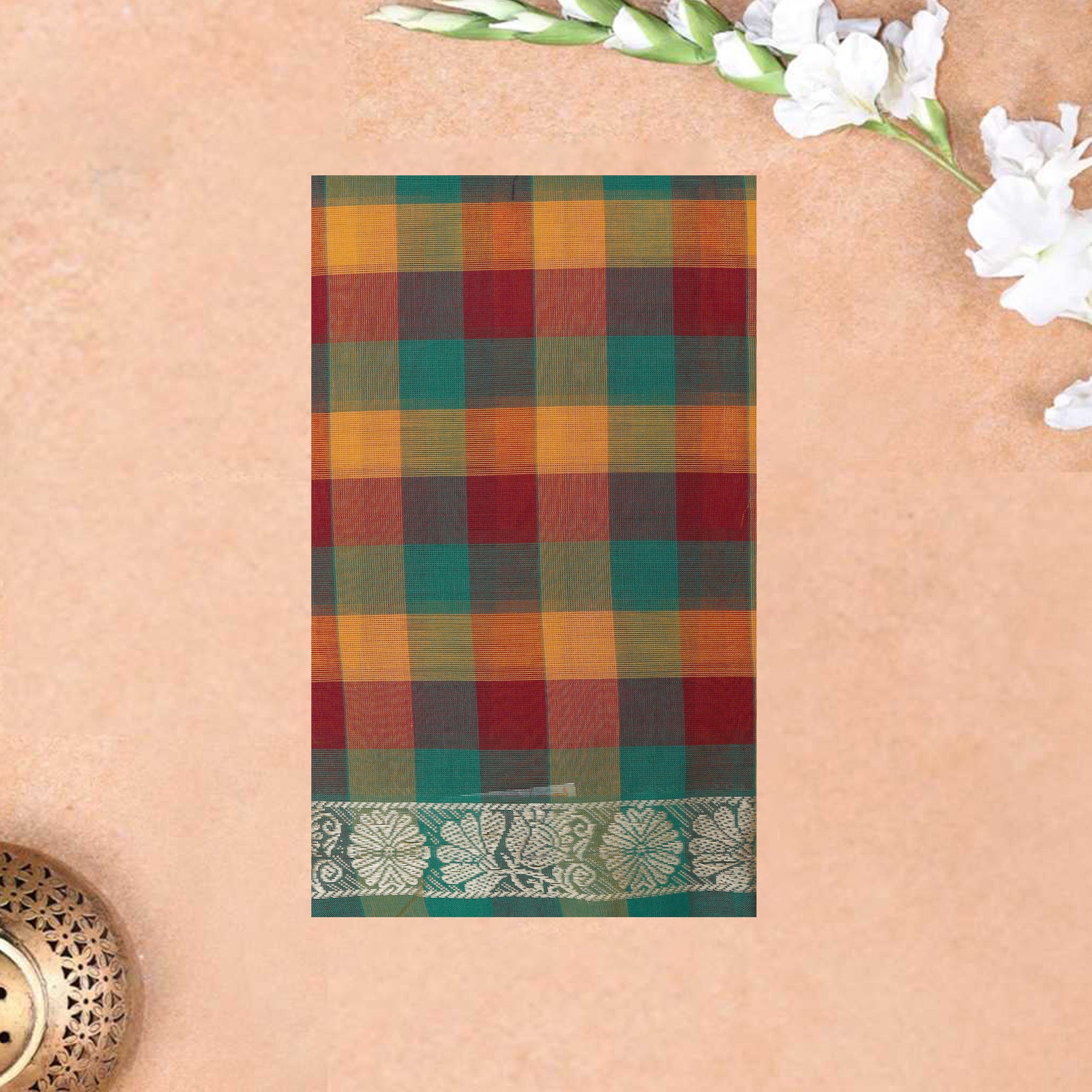 Multi Colour Small Checked Pattern Pure Chettinad Cotton Saree without Blouse
