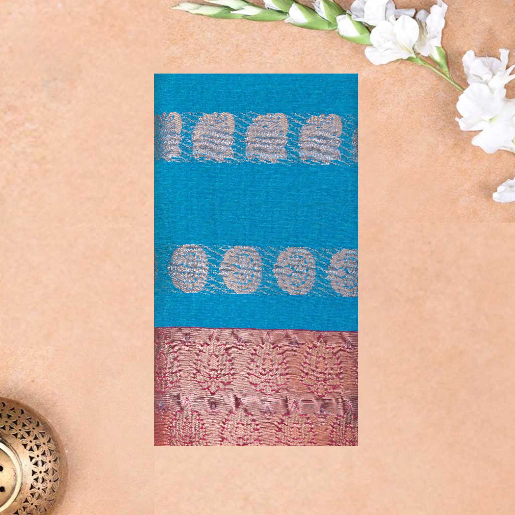 Blue With  Maroon  Silk Cotton Saree