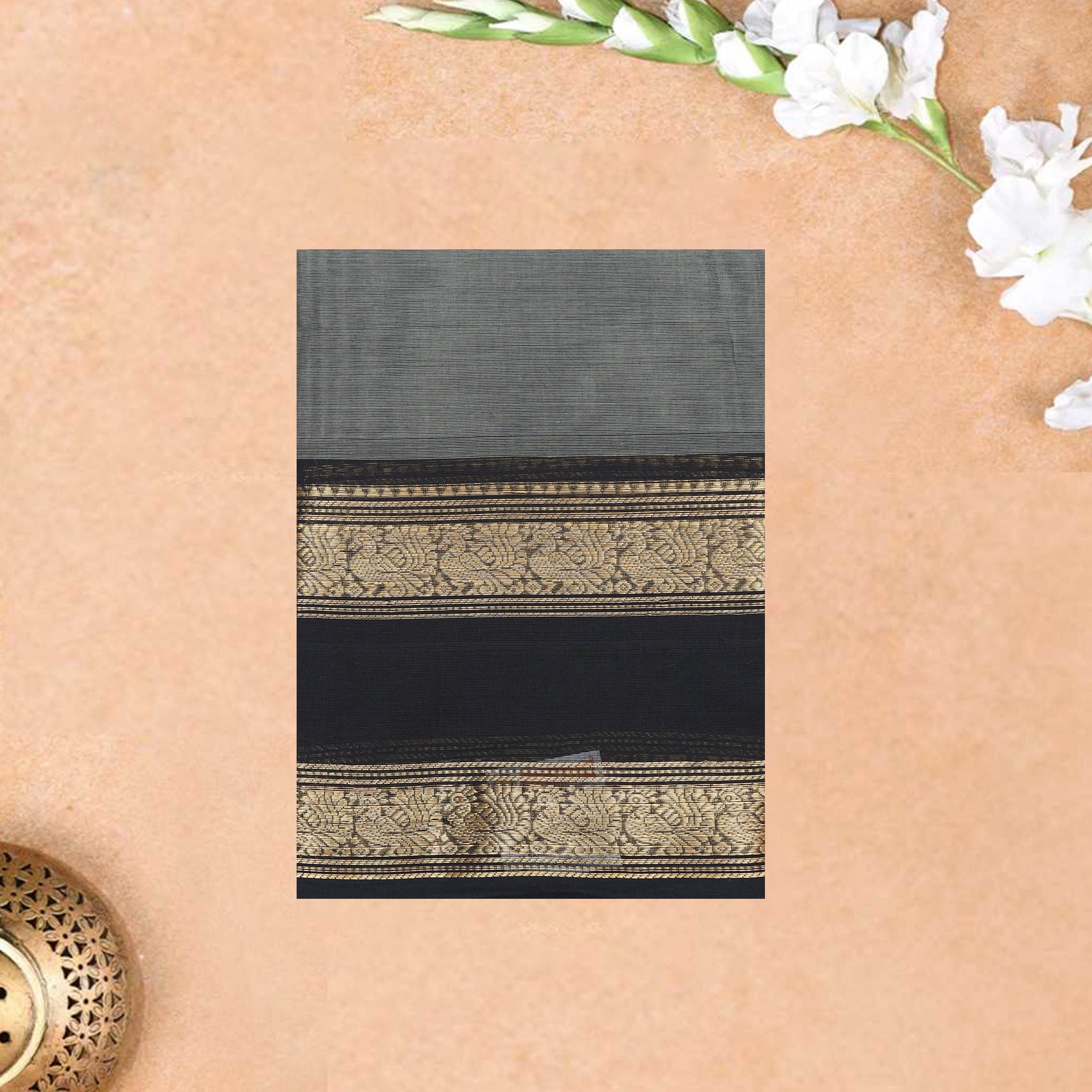 Grey With Black Premium Quality Pure Cotton Saree