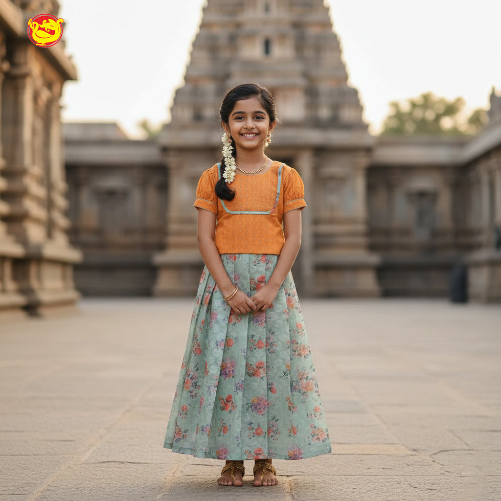 Orange with Grey Girls Readymade Pattu Pavadai Set