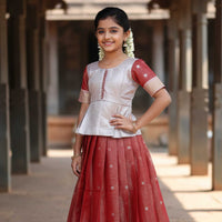 Silver With Red Girls Branded Readymade Pattu Pavadai