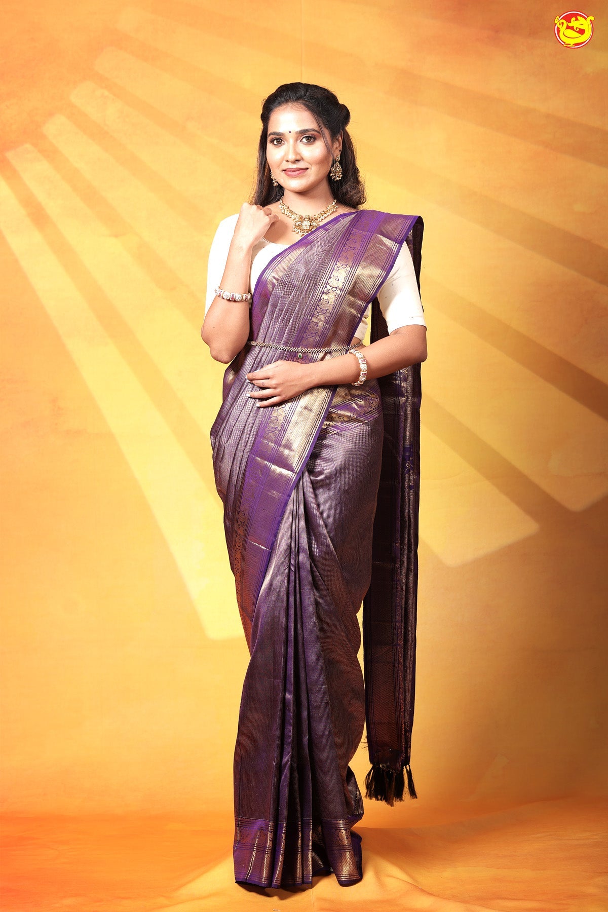 Dark Purple Checked Motifs Gold Zari Border Pure Kanjivaram Subhalaya Wedding Silk Saree