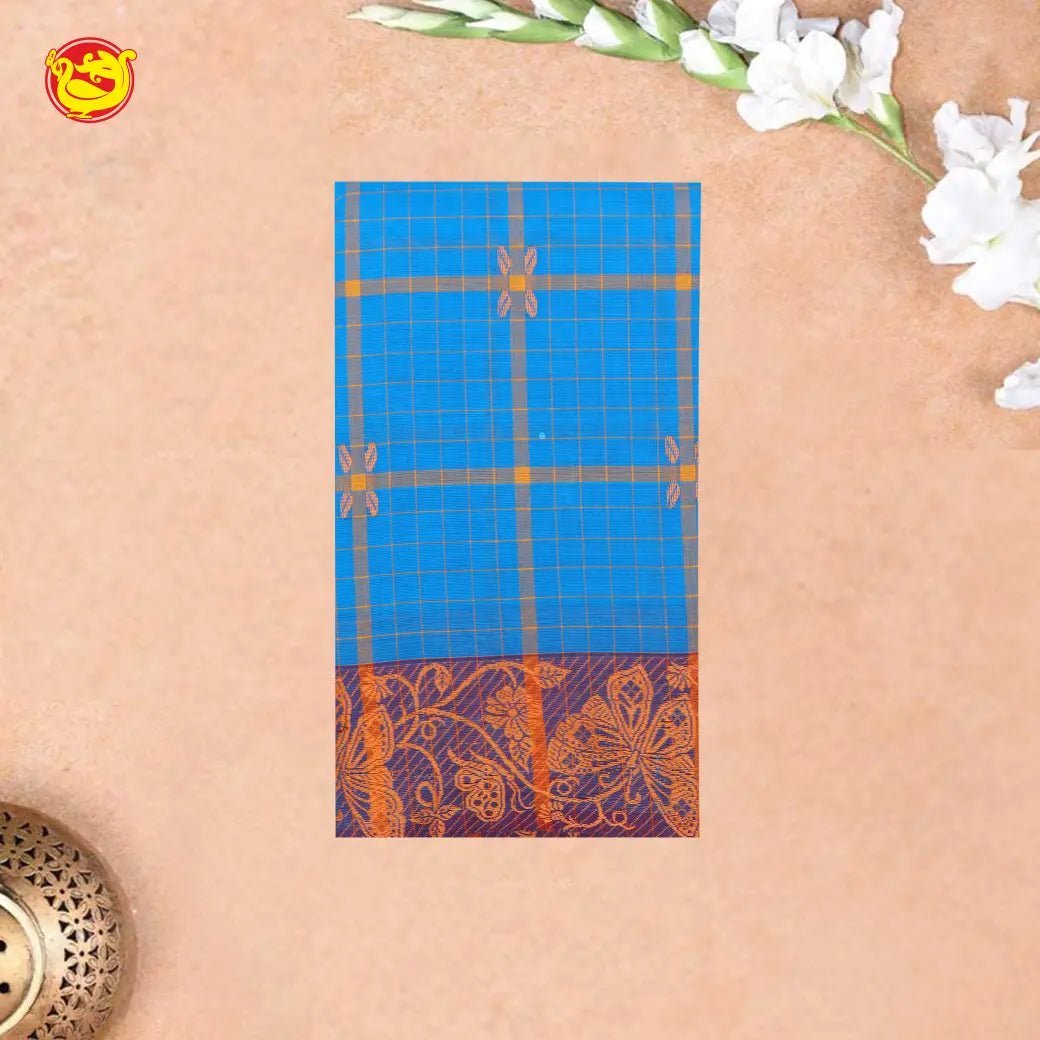 Blue Chceked  Pure Chettinad Cotton Saree without Blouse