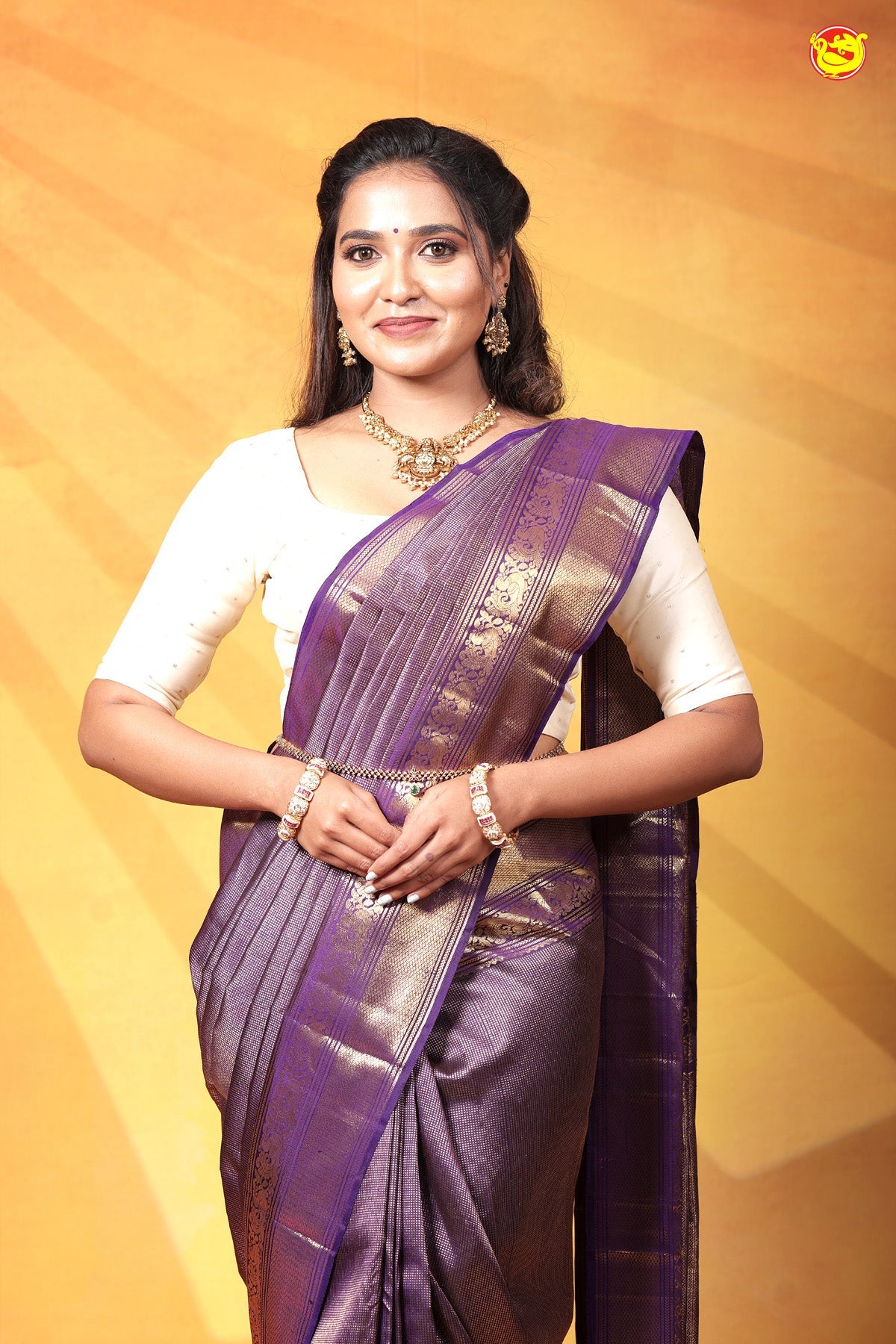 Dark Purple Checked Motifs Gold Zari Border Pure Kanjivaram Subhalaya Wedding Silk Saree