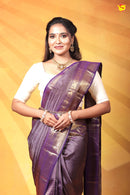 Dark Purple Checked Motifs Gold Zari Border Pure Kanjivaram Subhalaya Wedding Silk Saree - Thenianantham