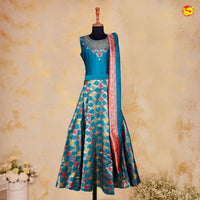 Peacock Blue Embroidery Work Floral Motifs Girls Branded Readymade Ethnic Gown - Thenianantham