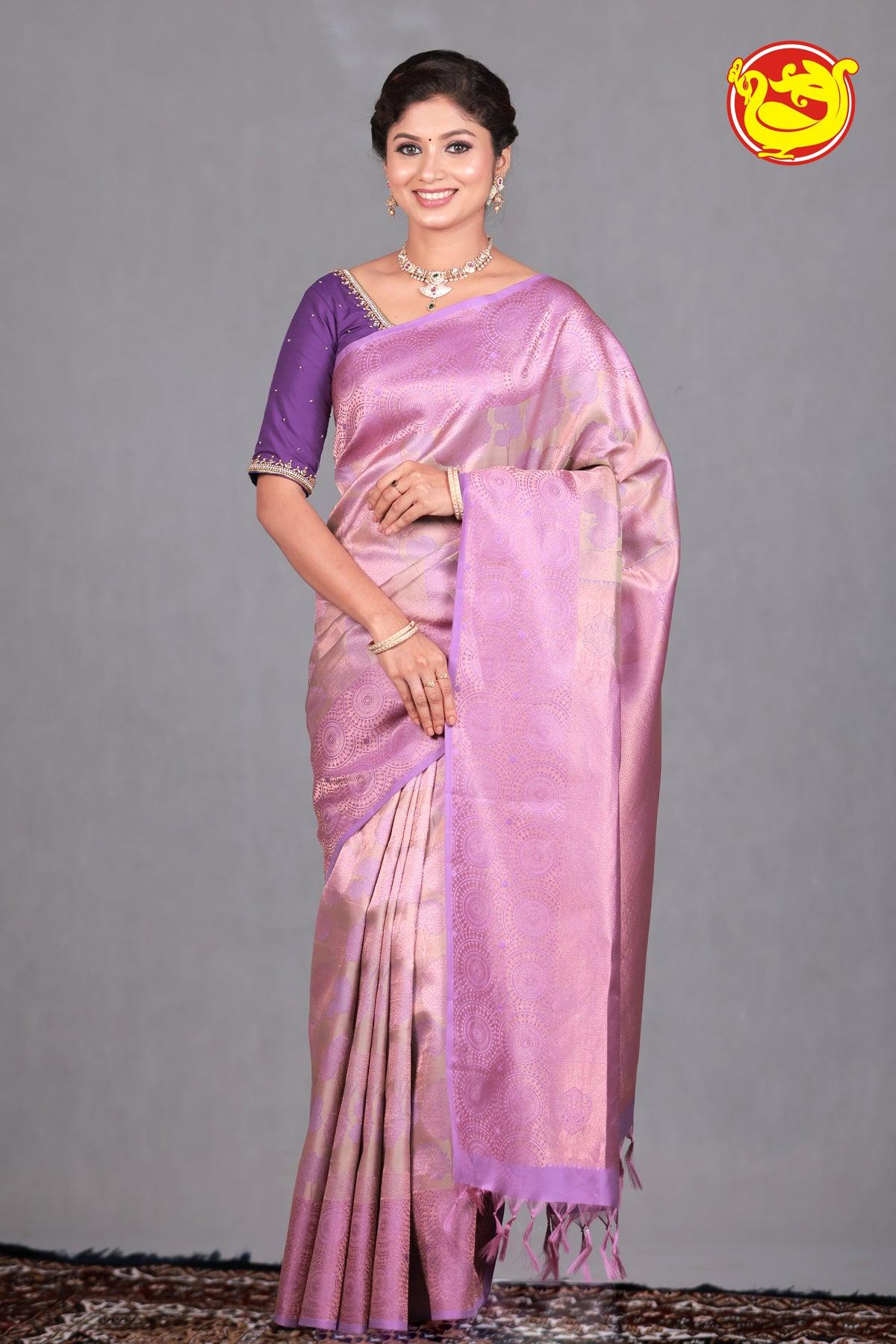 Light Green Wedding Silk Saree With Lavender Pallu - Thenianantham