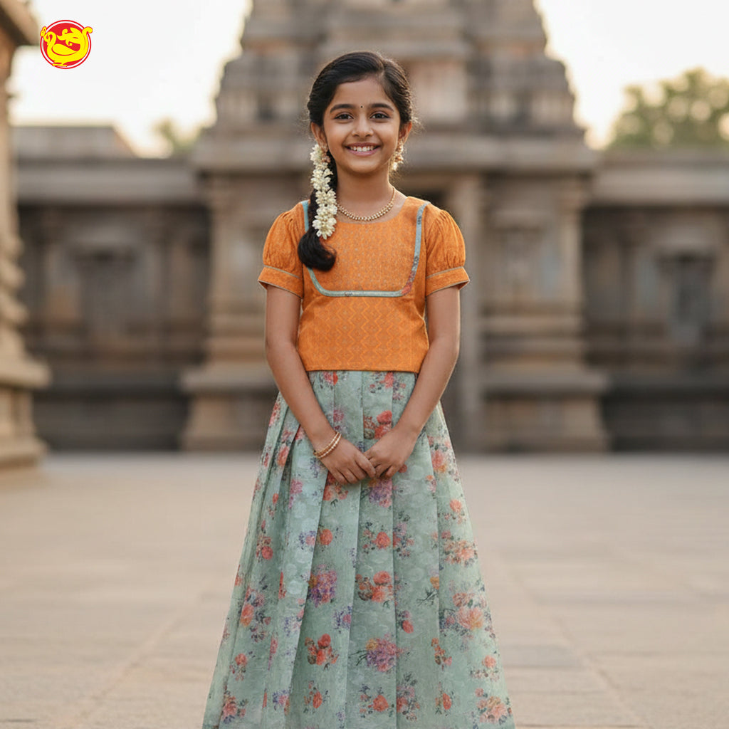 Orange with Grey Girls Readymade Pattu Pavadai Set