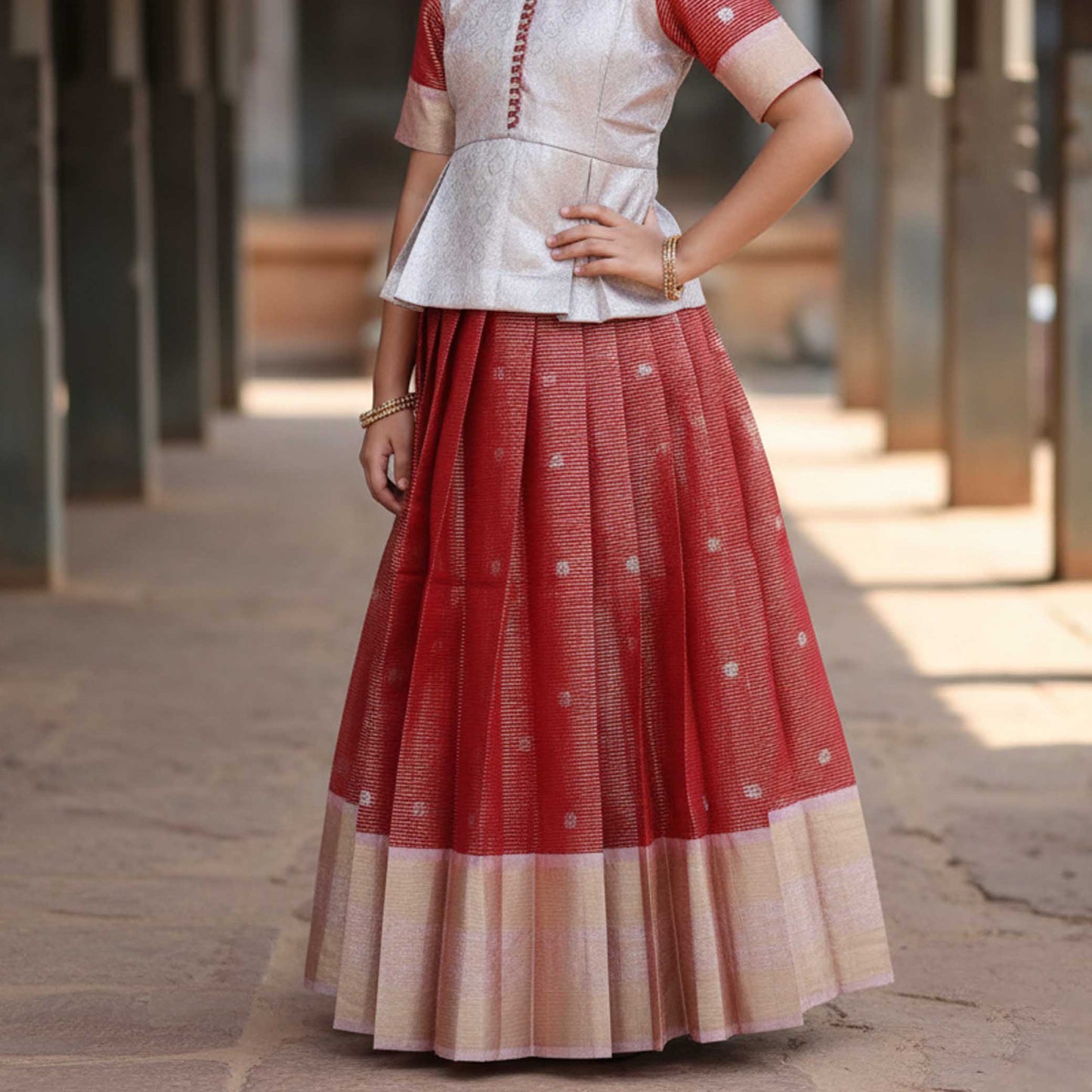 Silver With Red Girls Branded Readymade Pattu Pavadai