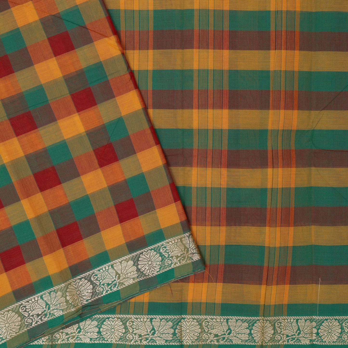Multi Colour Small Checked Pattern Pure Chettinad Cotton Saree without Blouse