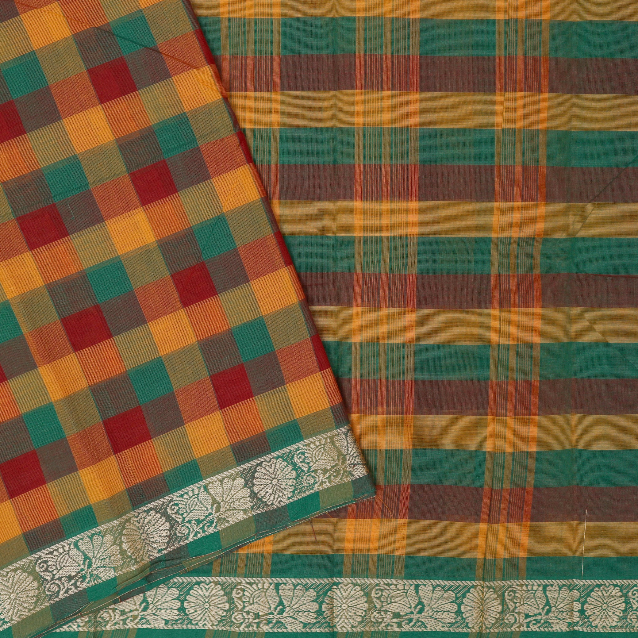 Multi Colour Small Checked Pattern Pure Chettinad Cotton Saree without Blouse