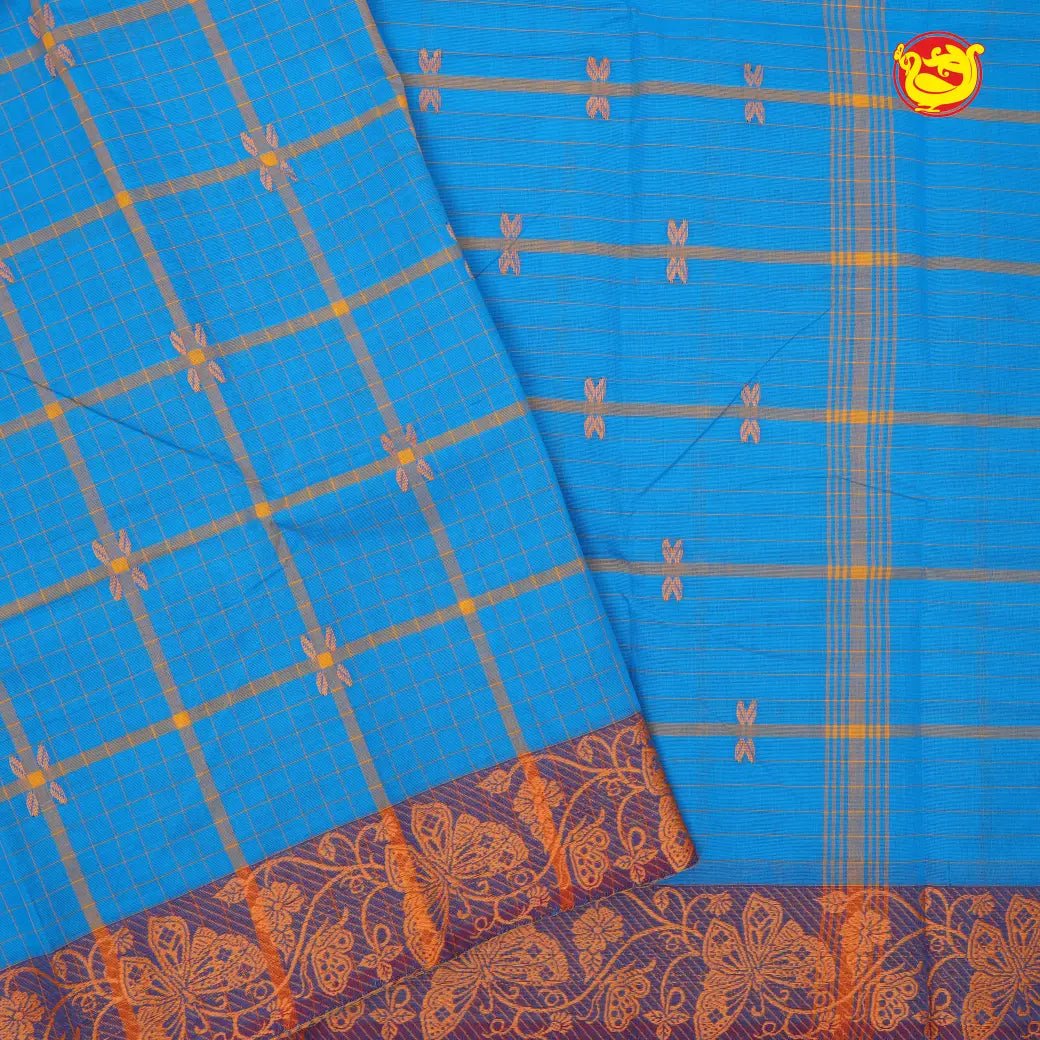 Blue Chceked  Pure Chettinad Cotton Saree without Blouse