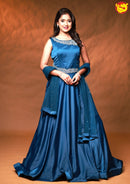 Peacock Blue With Bead And Stone Work Satin Party Gown - Thenianantham