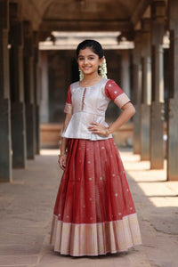 Silver With Red Girls Branded Readymade Pattu Pavadai