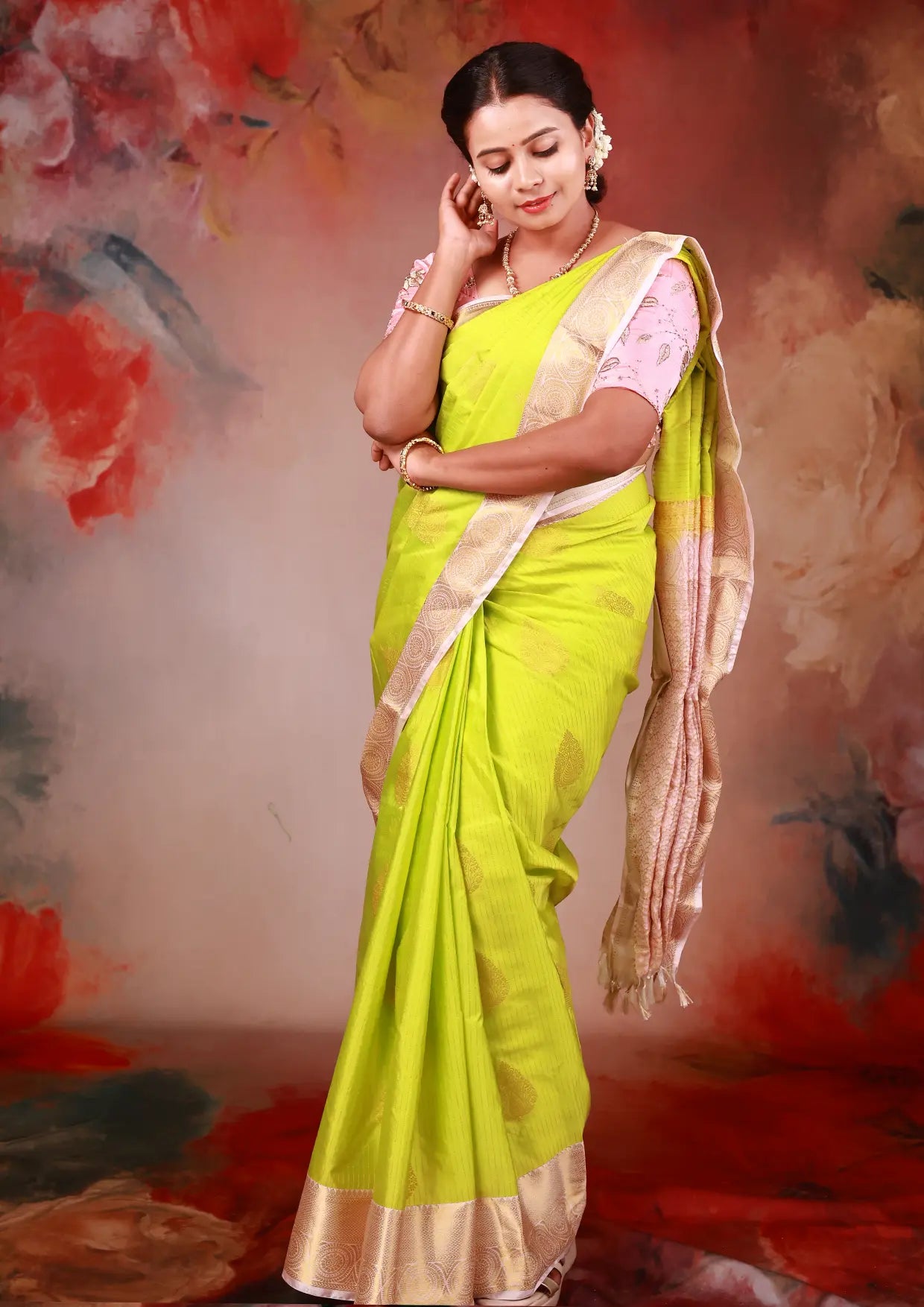 Chartreuse Green With  Peach Copper Zari Border  Soft Silk Saree