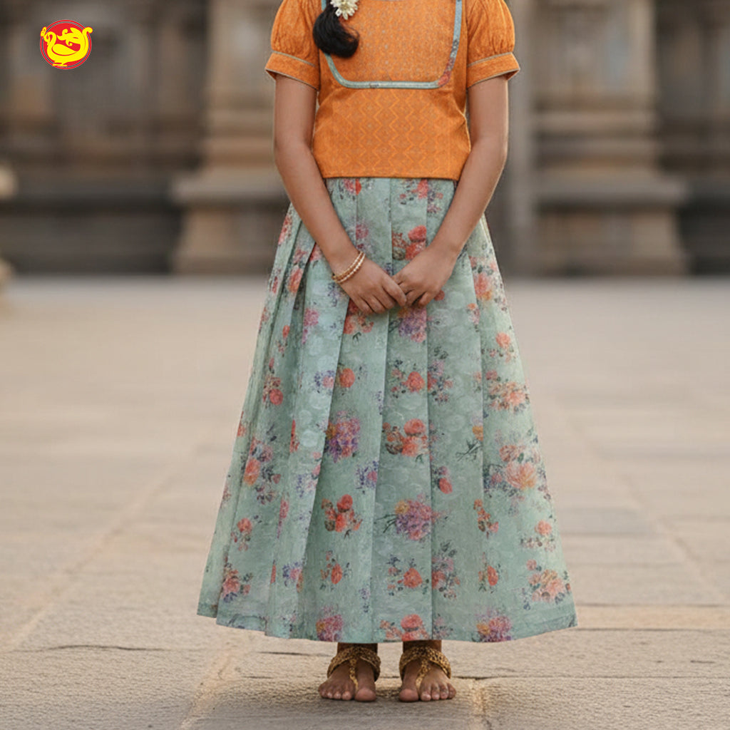 Orange with Grey Girls Readymade Pattu Pavadai Set