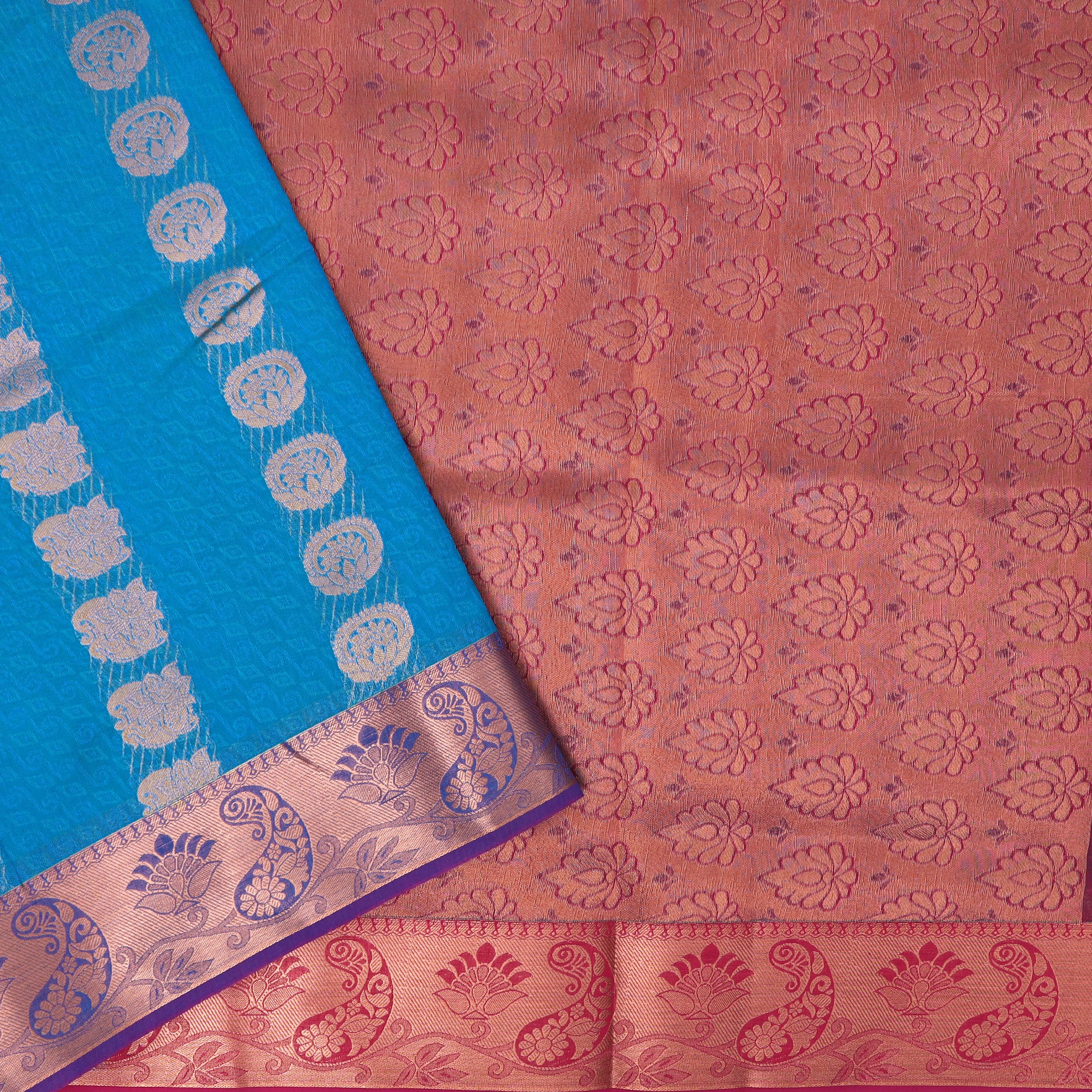 Blue With  Maroon  Silk Cotton Saree