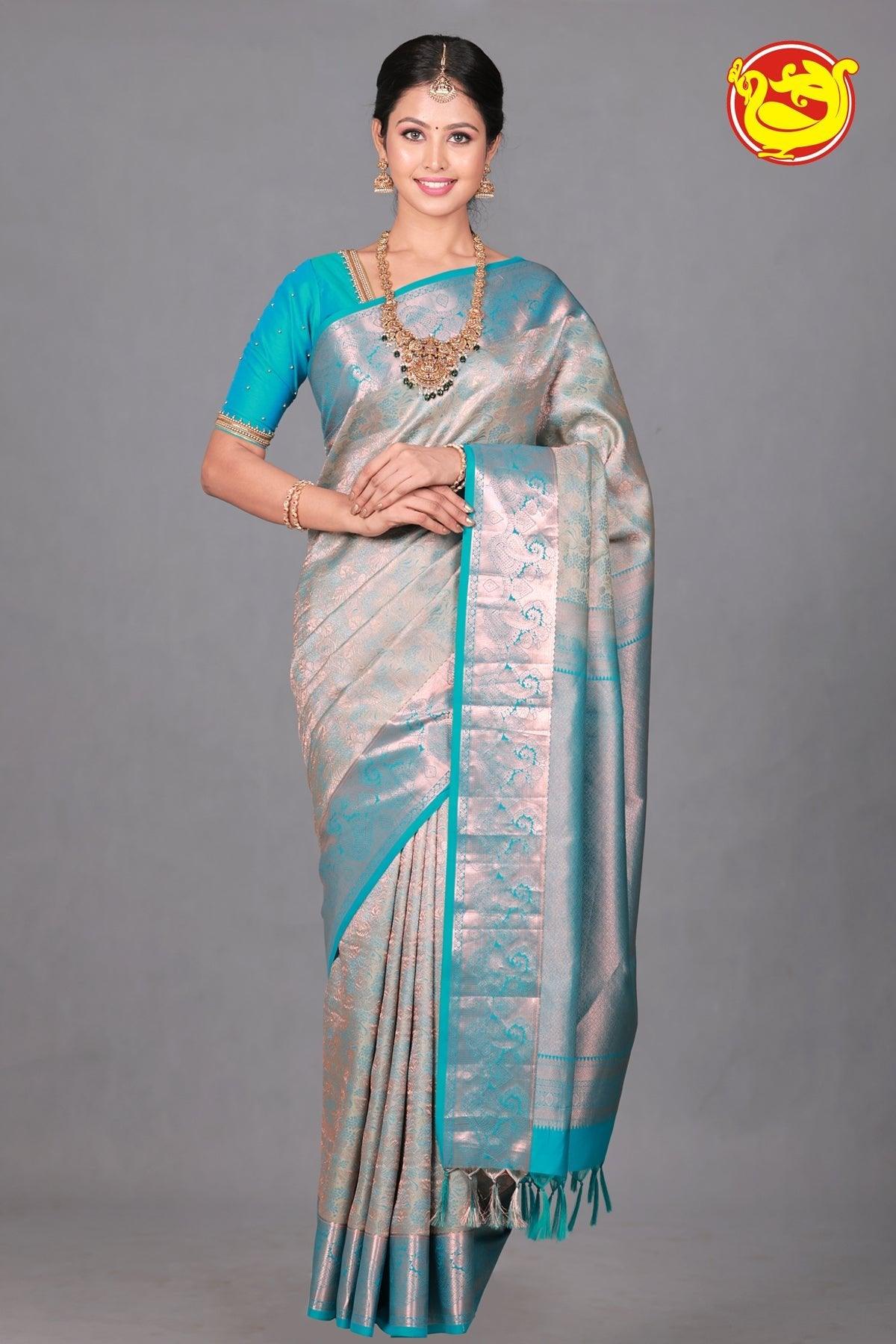 Light Blue Wedding Silk Saree With Peacock Blue Pallu - Thenianantham