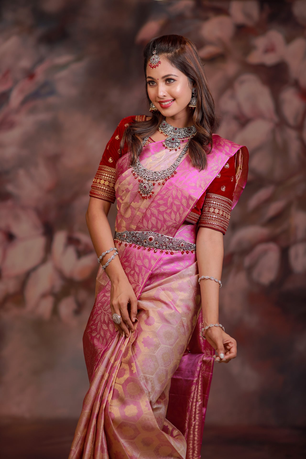 Light pink wedding silk saree