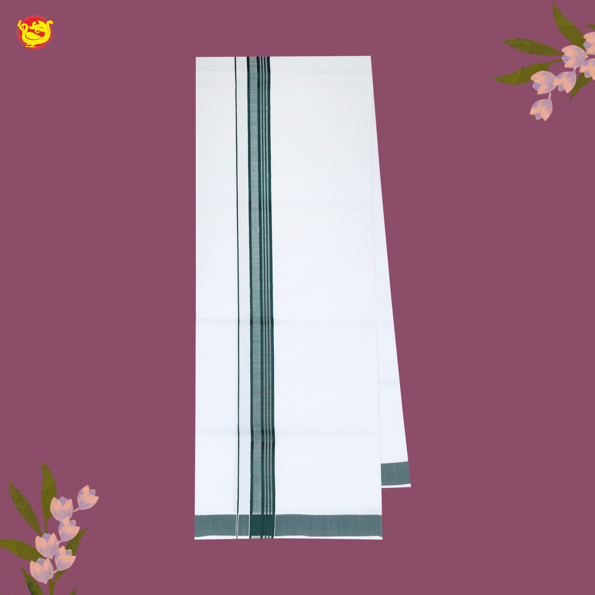 White with Dark Green Fancy Border Single Layer Cotton Men’s Dhoti