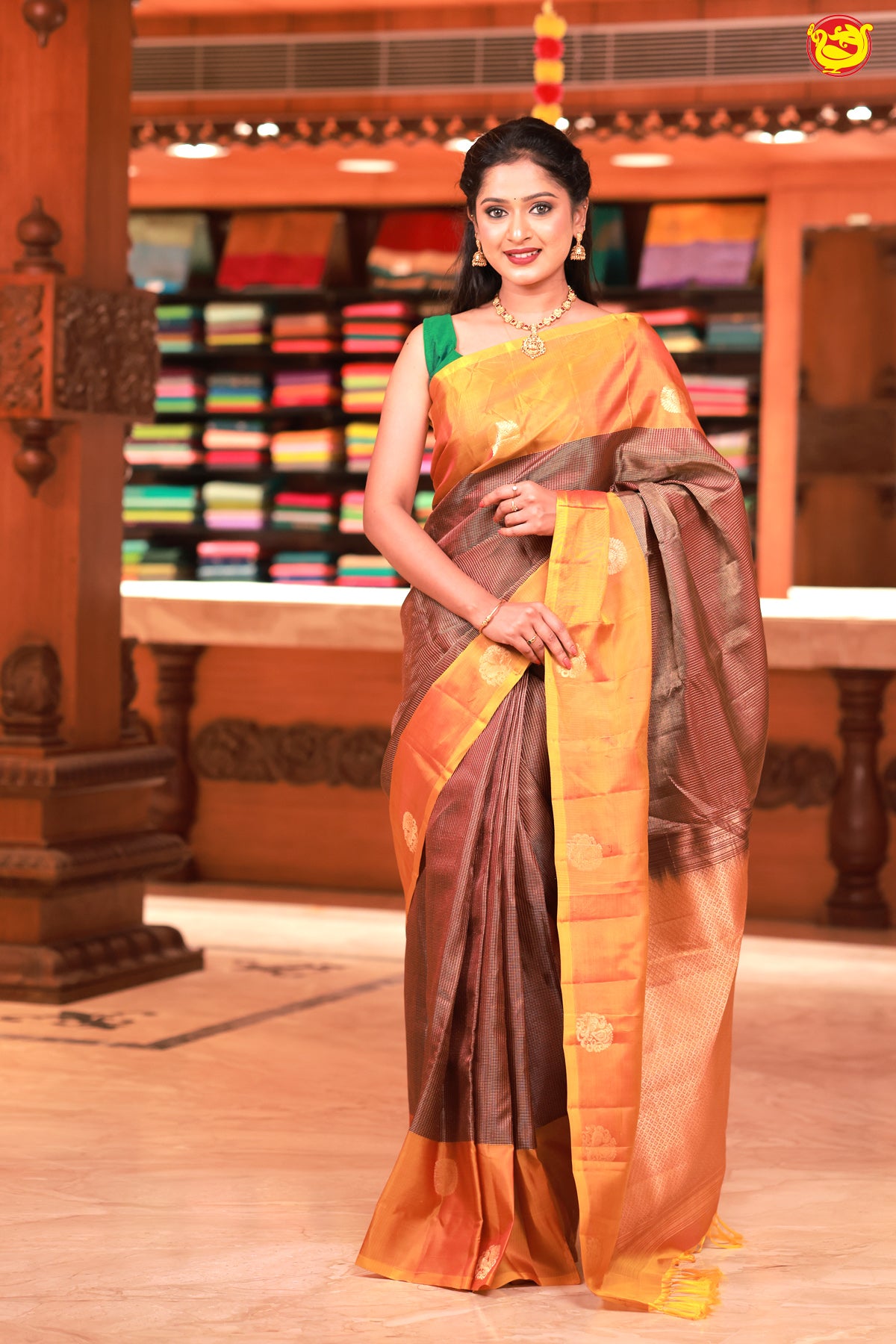 Dark Maroon With Mustard Motifs Gold Zari Checked Yuvana Semi Soft Silk Saree