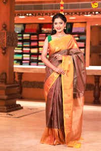 Dark Maroon With Mustard Motifs Gold Zari Checked Pure Kanjivaram Subhalaya Soft Silk Saree - Thenianantham