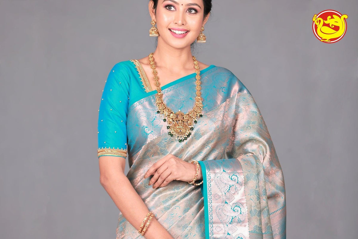 Light Blue Wedding Silk Saree With Peacock Blue Pallu