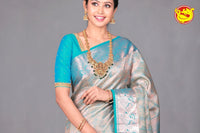 Light Blue Wedding Silk Saree With Peacock Blue Pallu - Thenianantham