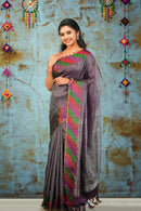 Wine Floral Silver Zari Colorful Waves with Buttas Border Soft Silk Saree - Thenianantham