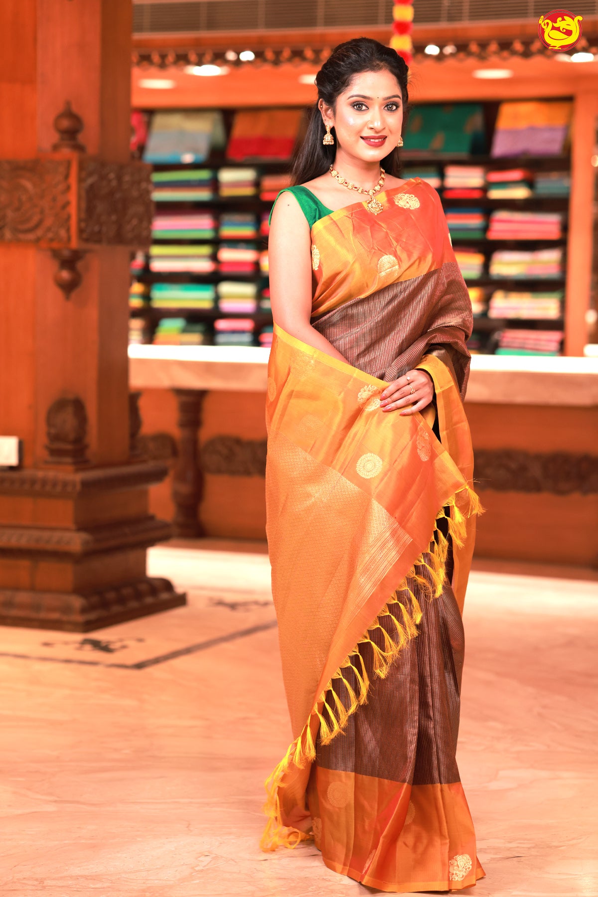 Dark Maroon With Mustard Motifs Gold Zari Checked Yuvana Semi Soft Silk Saree