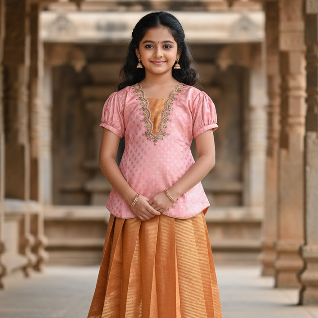 Pink with Orange Girls Readymade Pattu Pavadai Set