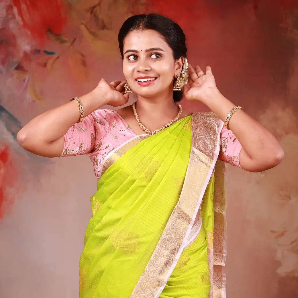 Chartreuse Green With  Peach Copper Zari Border  Soft Silk Saree