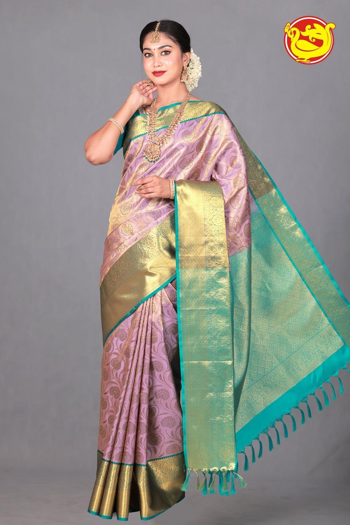 Light lavender Wedding Silk Saree With Peacock Blue Pallu