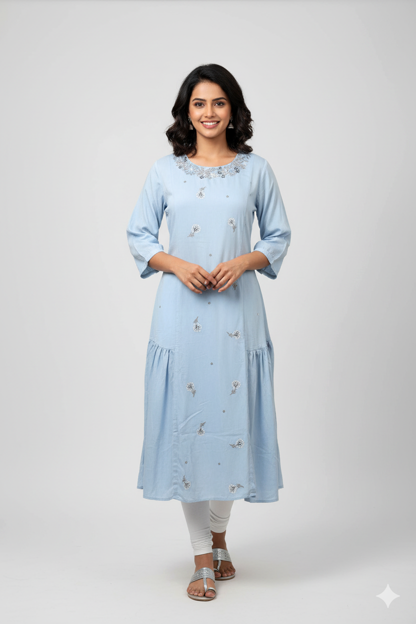 Sky Blue Colour With Floral  Design Ladies Branded Umbrella Top Readymade