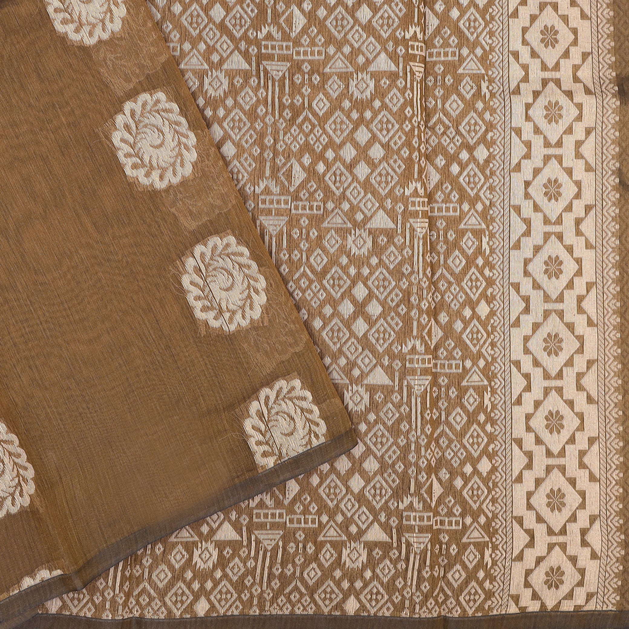 Dark Brown With Sandal Zari  Silk Cotton Saree