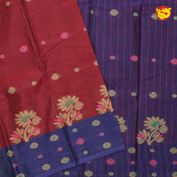 Brownish-Red With Blue Pure Bengal Cotton Saree without Blouse