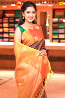 Dark Maroon With Mustard Motifs Gold Zari Checked Pure Kanjivaram Subhalaya Soft Silk Saree - Thenianantham