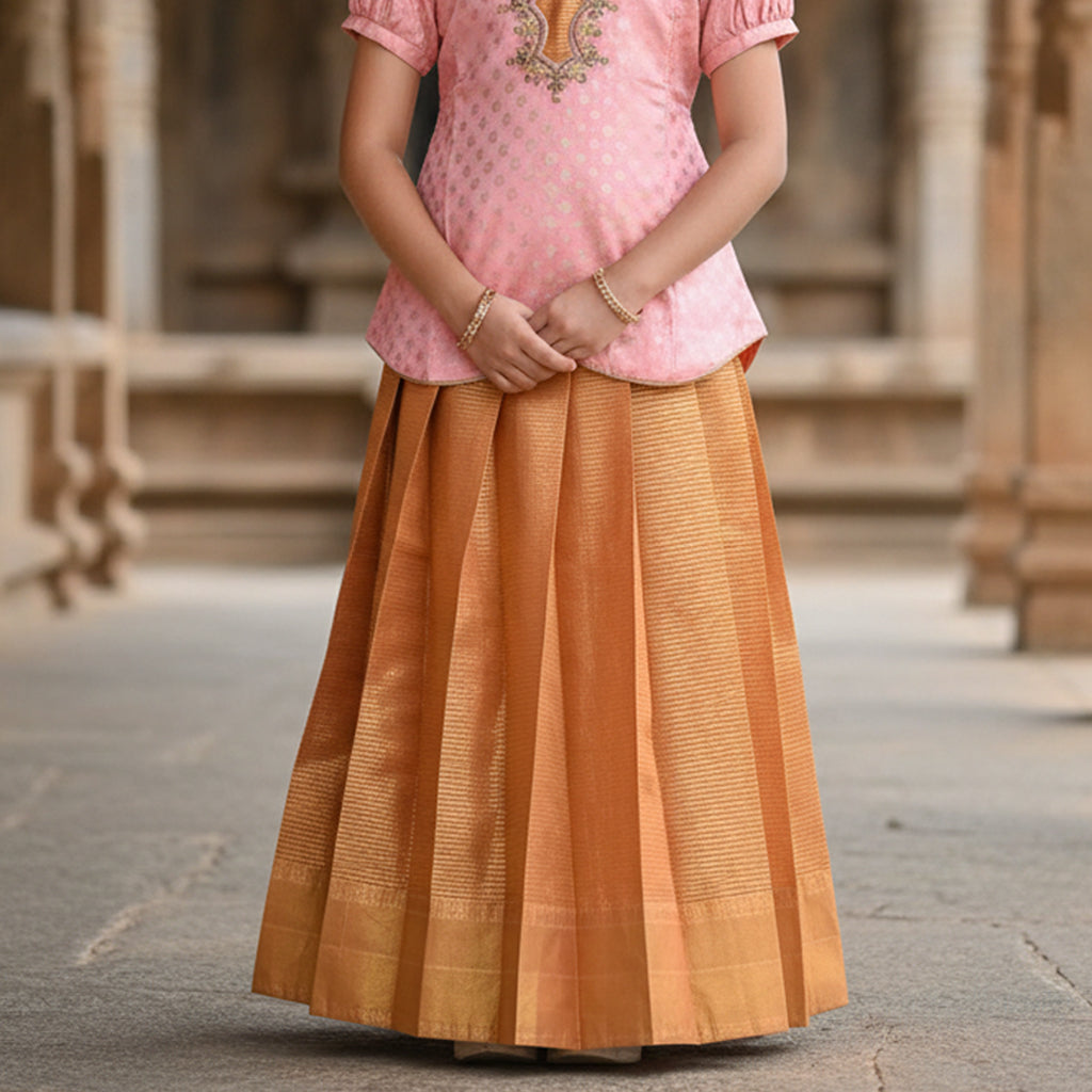 Pink with Orange Girls Readymade Pattu Pavadai Set