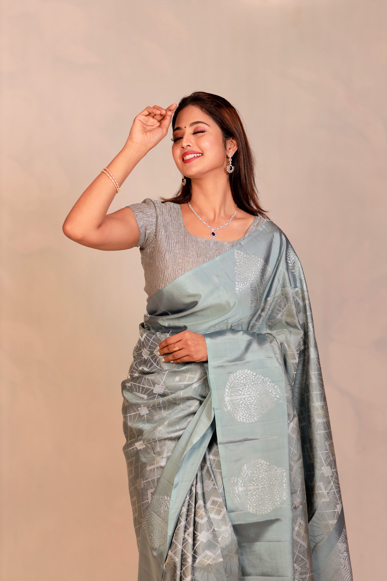 Silver grey pure Kanchivaram silk saree with gold and silver zari