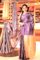 Purple With Gold Motifs Silver Zari Checked Pure Kanjivaram Subhalaya Soft Silk Saree - Thenianantham