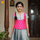 Hot Pink With Silver Grey Girls Branded Readymade Pattu Pavadai