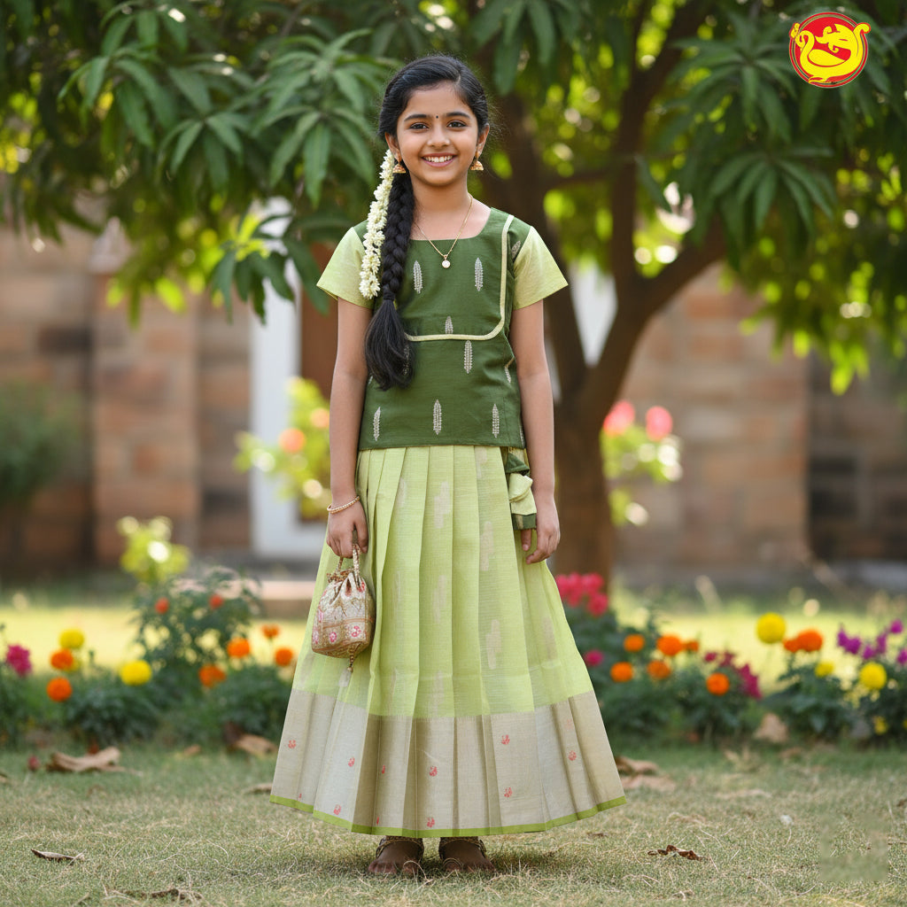 Olive Green and Pastel Green Girls Branded Readymade Pattu Pavadai Set