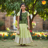 Olive Green and Pastel Green Girls Branded Readymade Pattu Pavadai Set