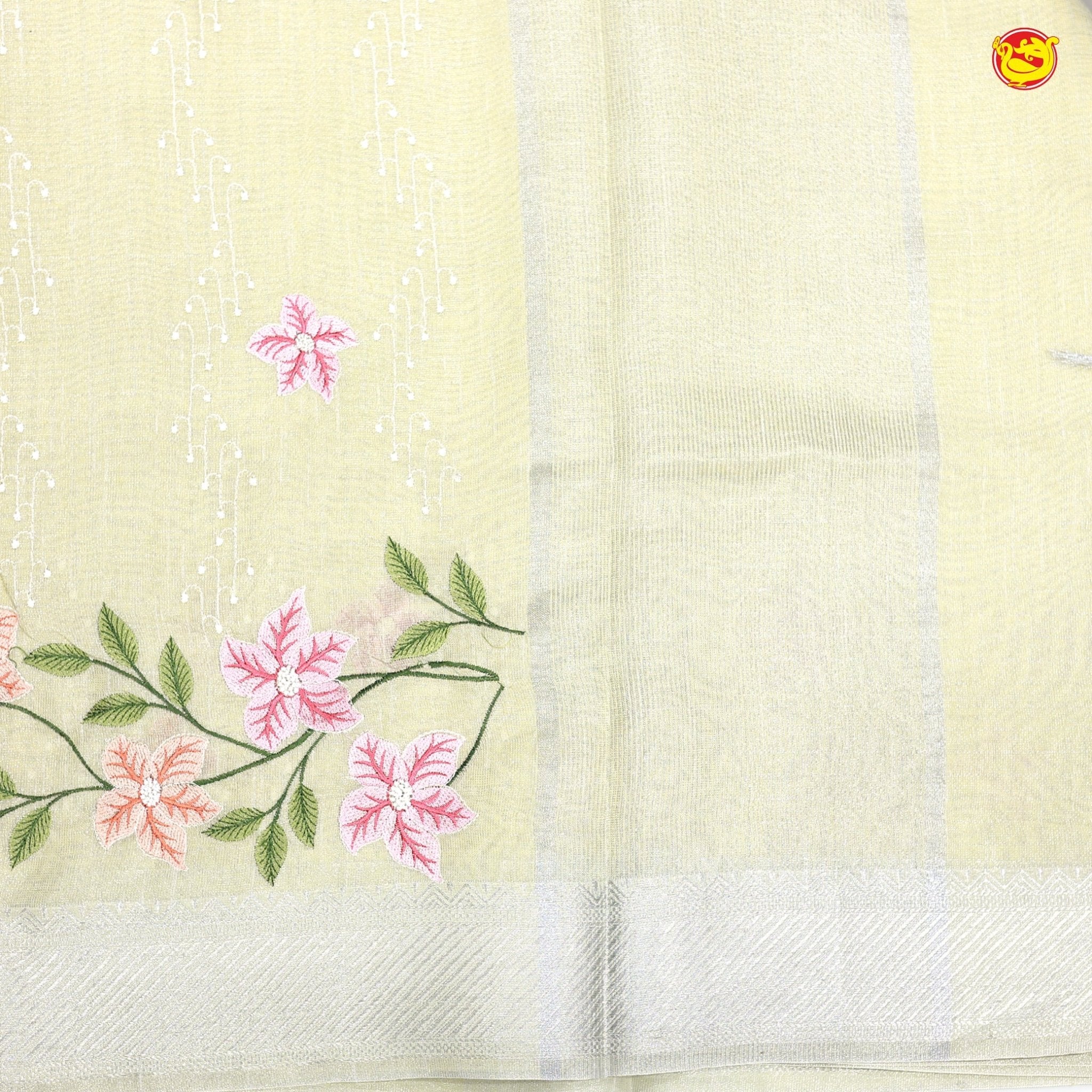 Lemon Yellow Floral Embroidery Work Silver Zari Border Tissue Fancy Saree