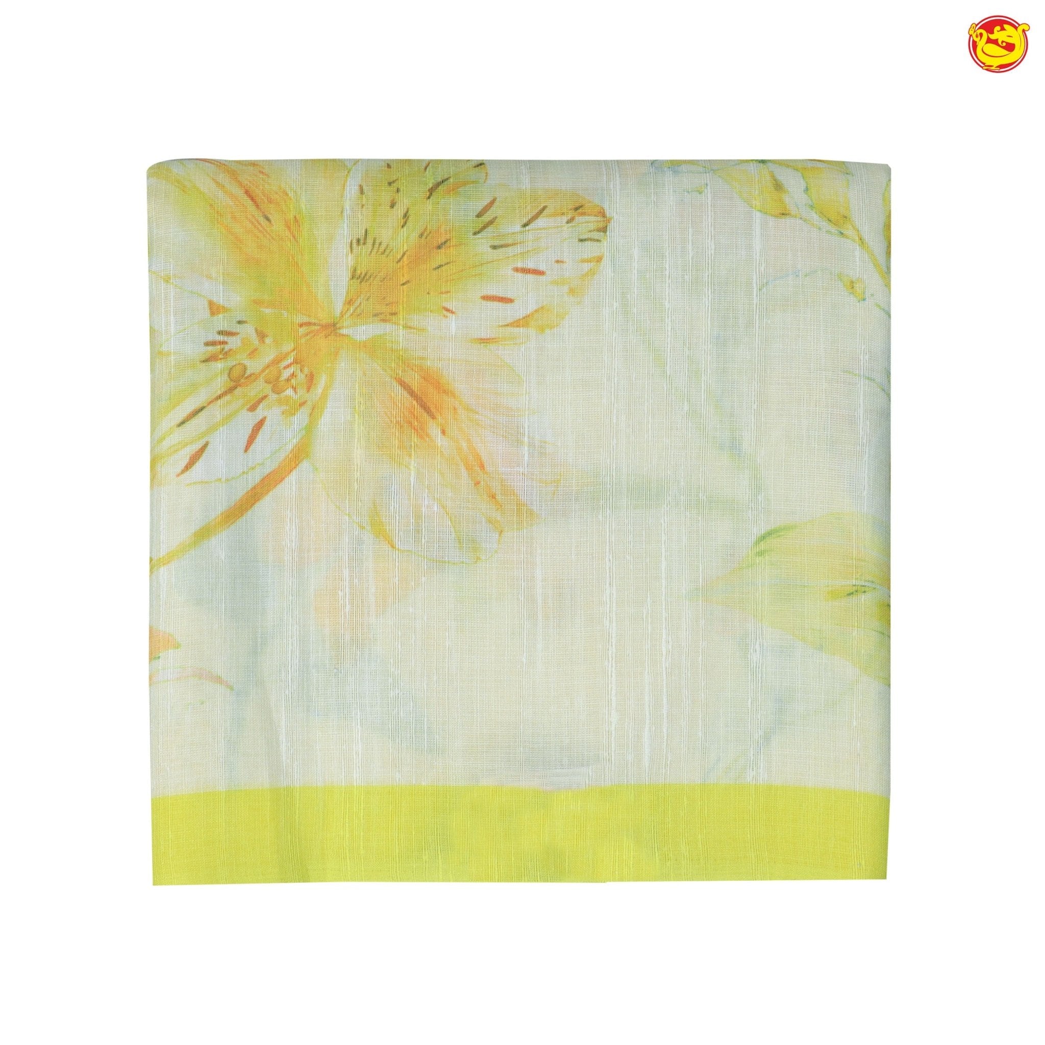 Light Yellow With Half White Floral Digital Print Linen Cotton Saree