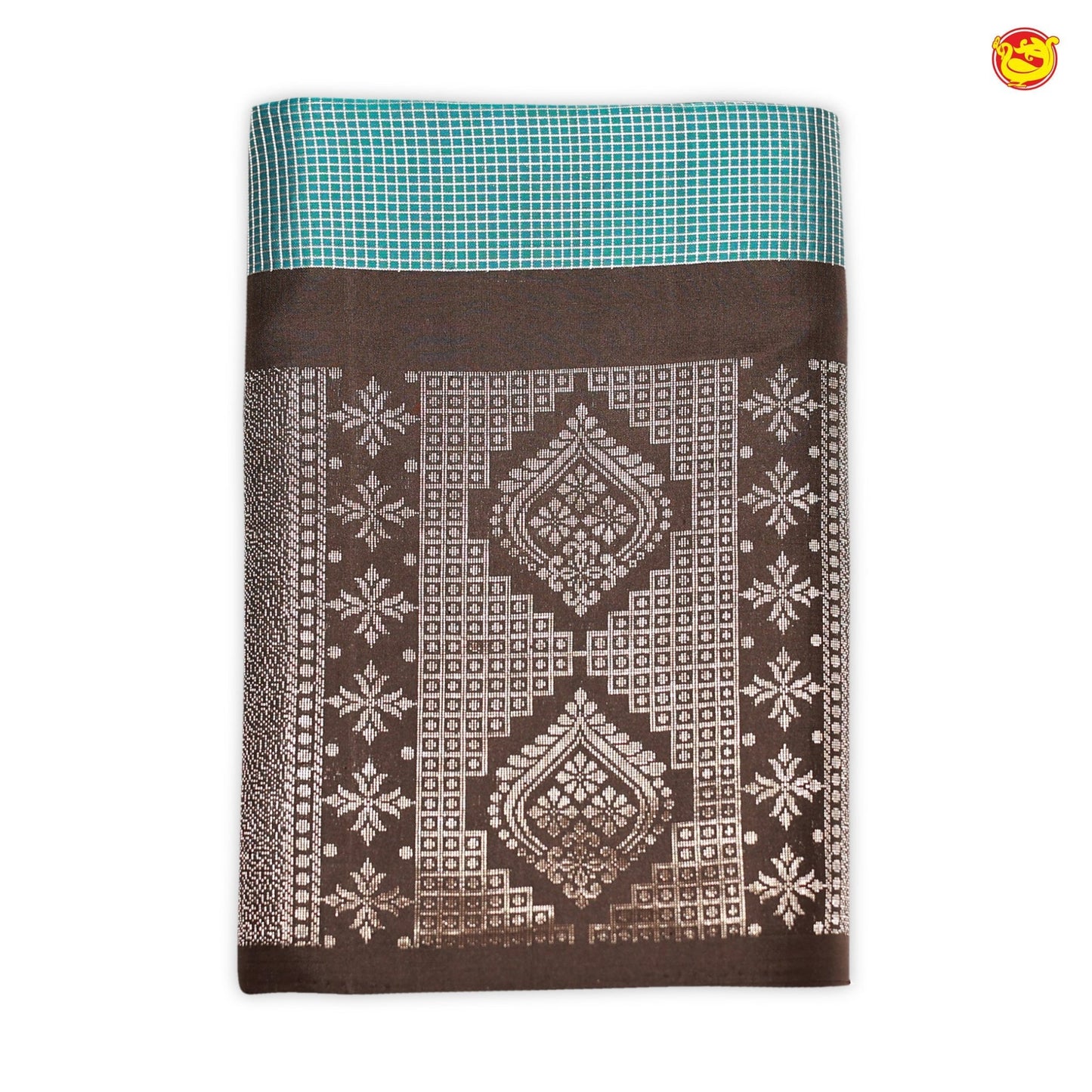 Sky Blue with Black Checked Silver Zari Floral Border Soft Silk Saree - Thenianantham